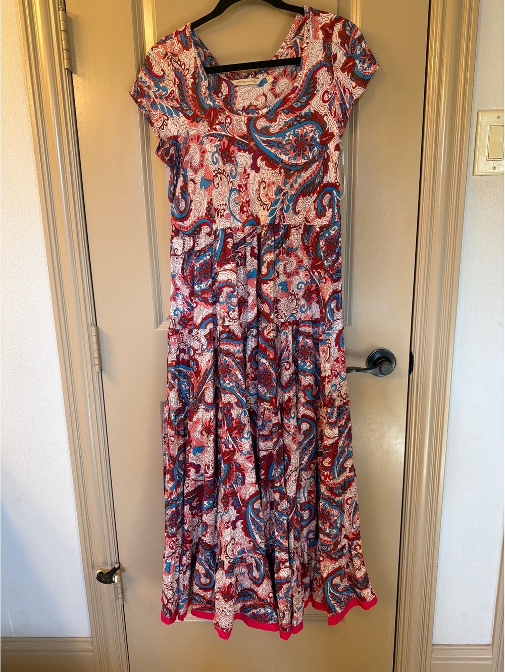 Soft Surroundings Women's Maxi Dress with Red and Blue Paisley Print, Cap Sleeve